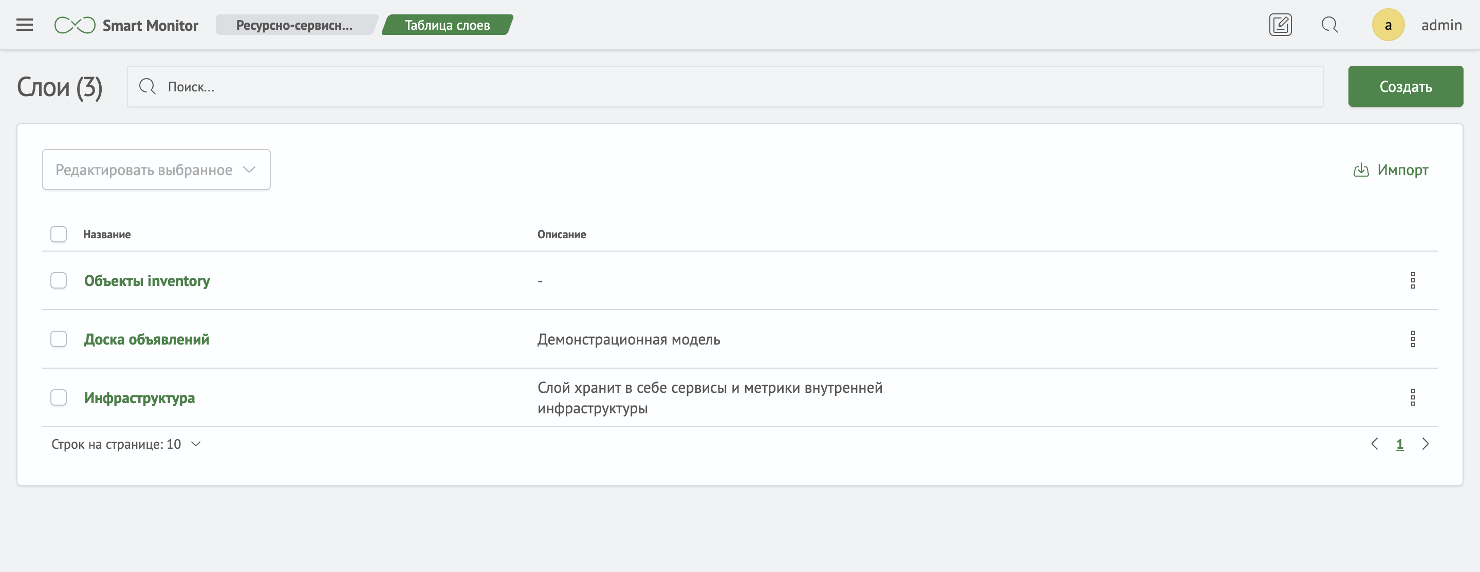 Страница таблицы слоев