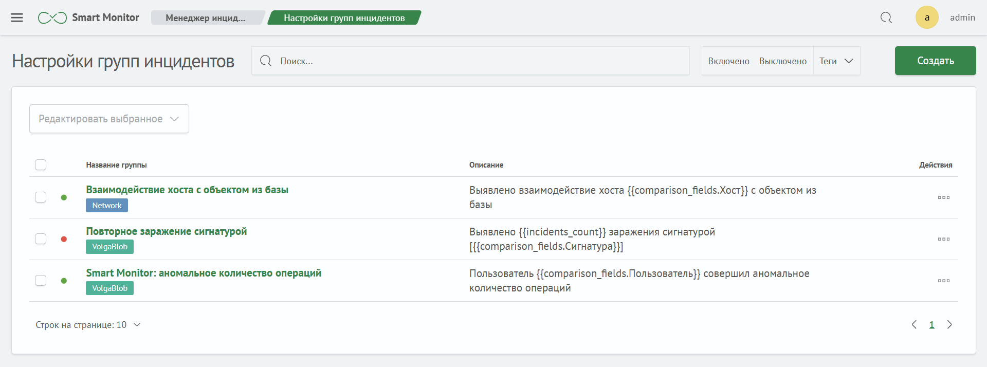 Настройки групп инцидентов