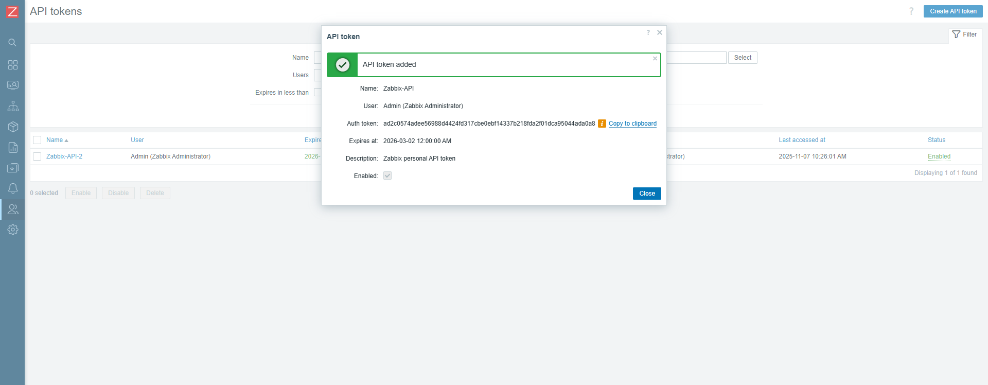 Создание API-токена Zabbix