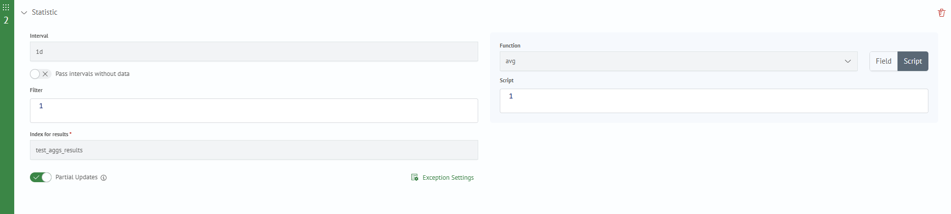Aggregation settings script form