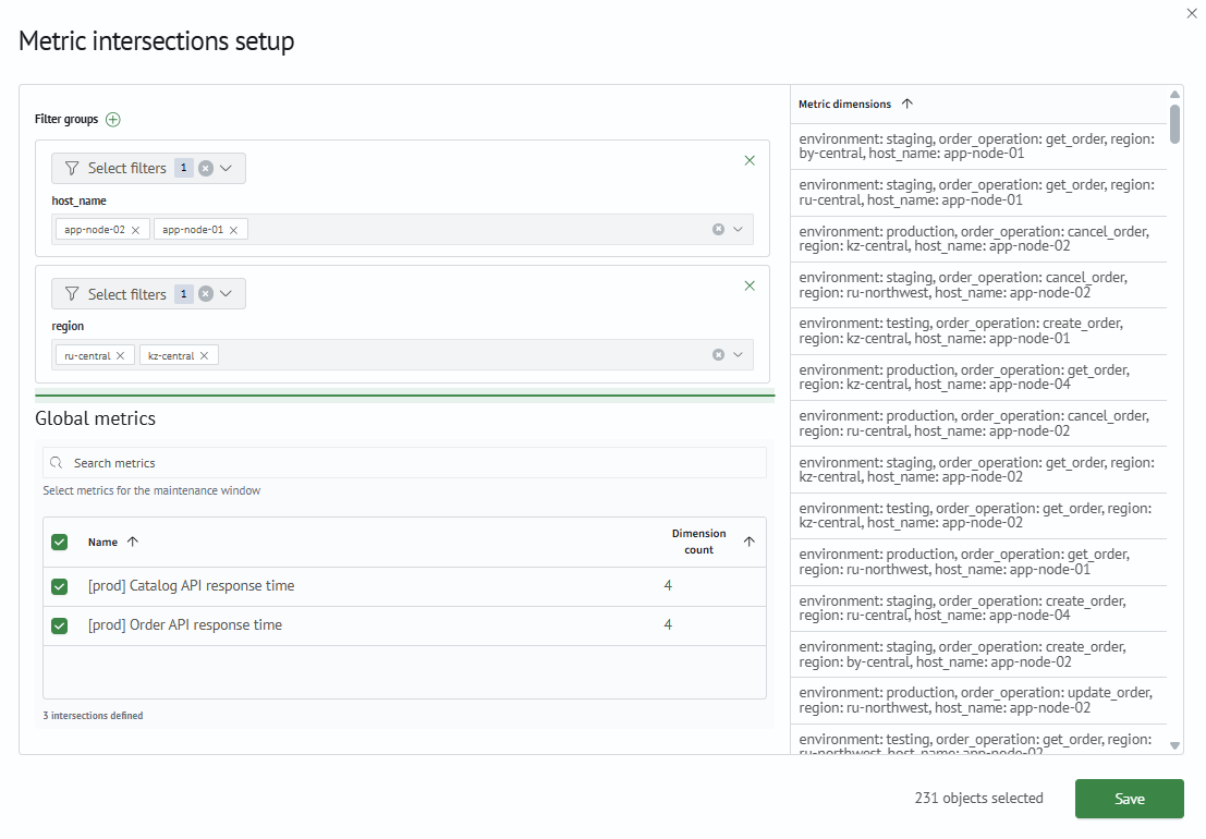 Filter and metric settings