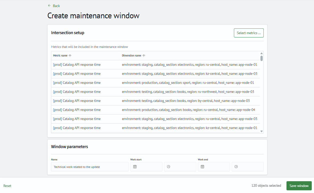 Maintenance window creation page