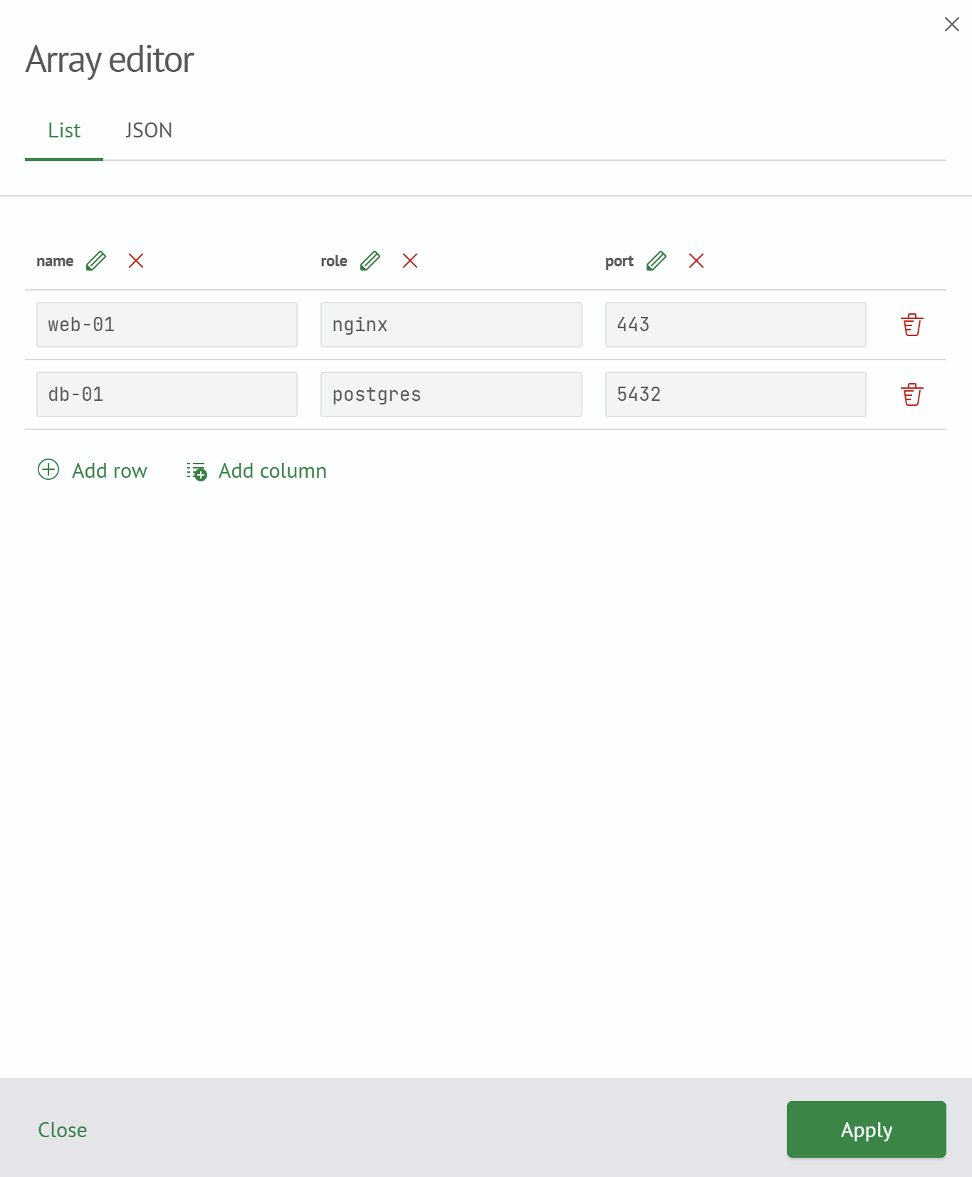Array editor — object table
