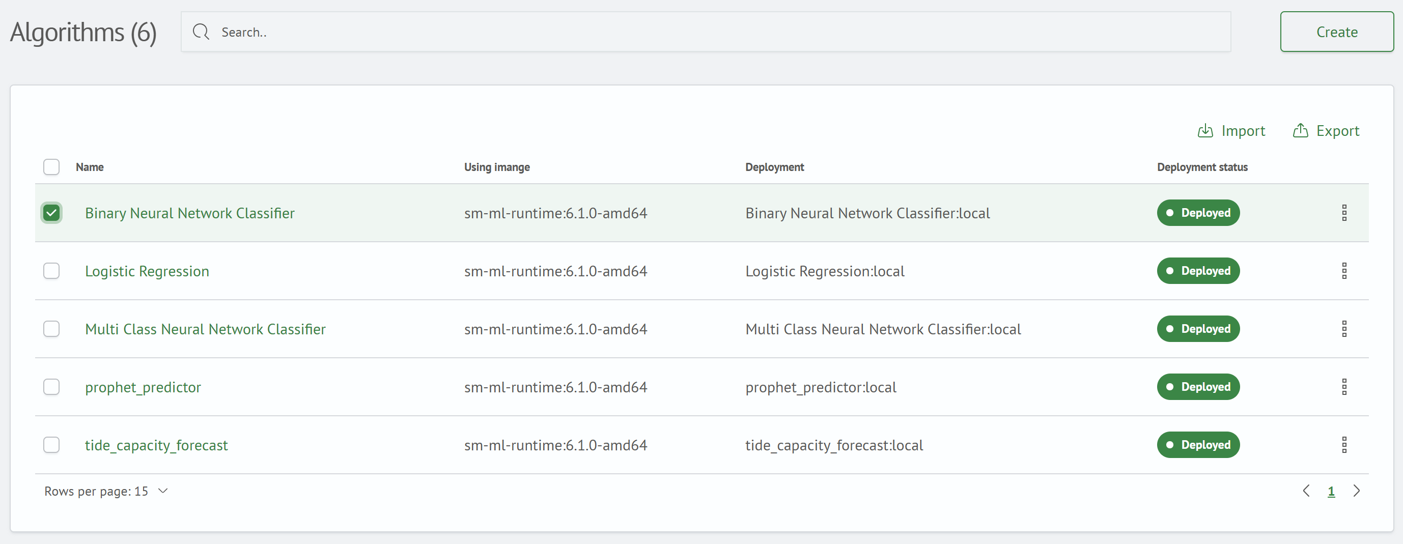 Selected rows and the Export button