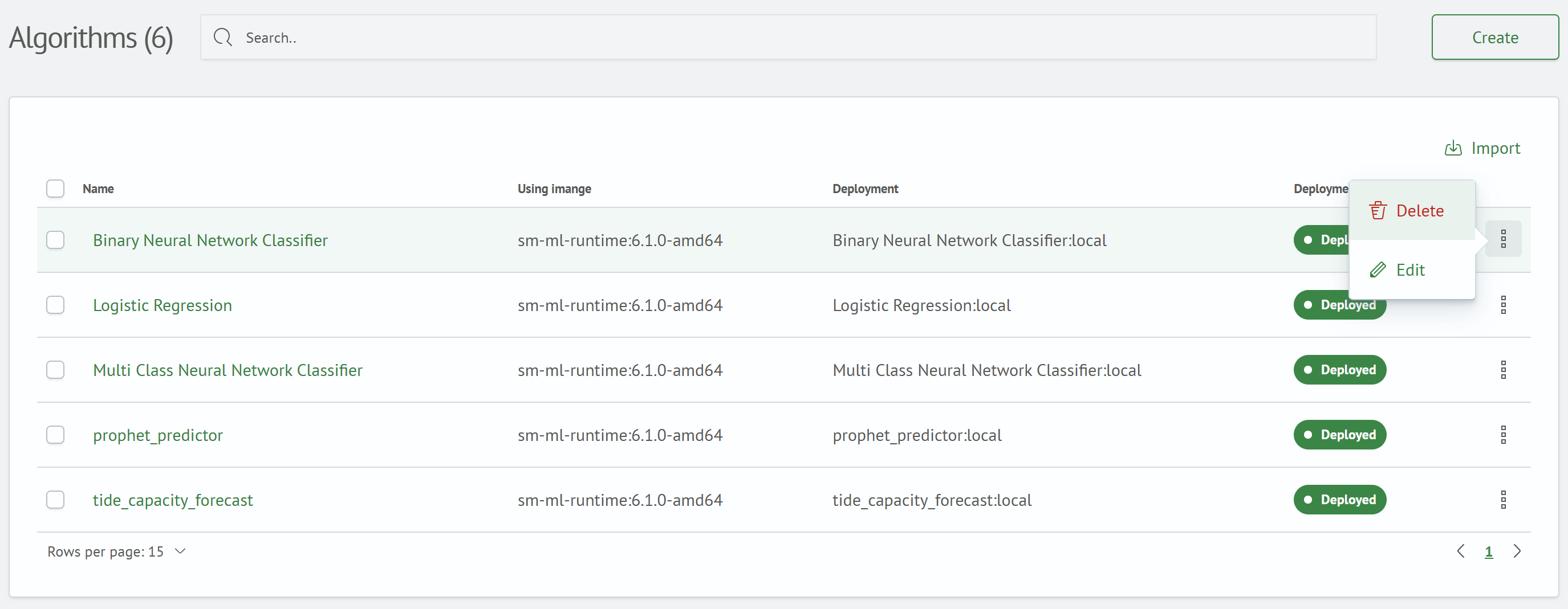 Algorithm actions menu