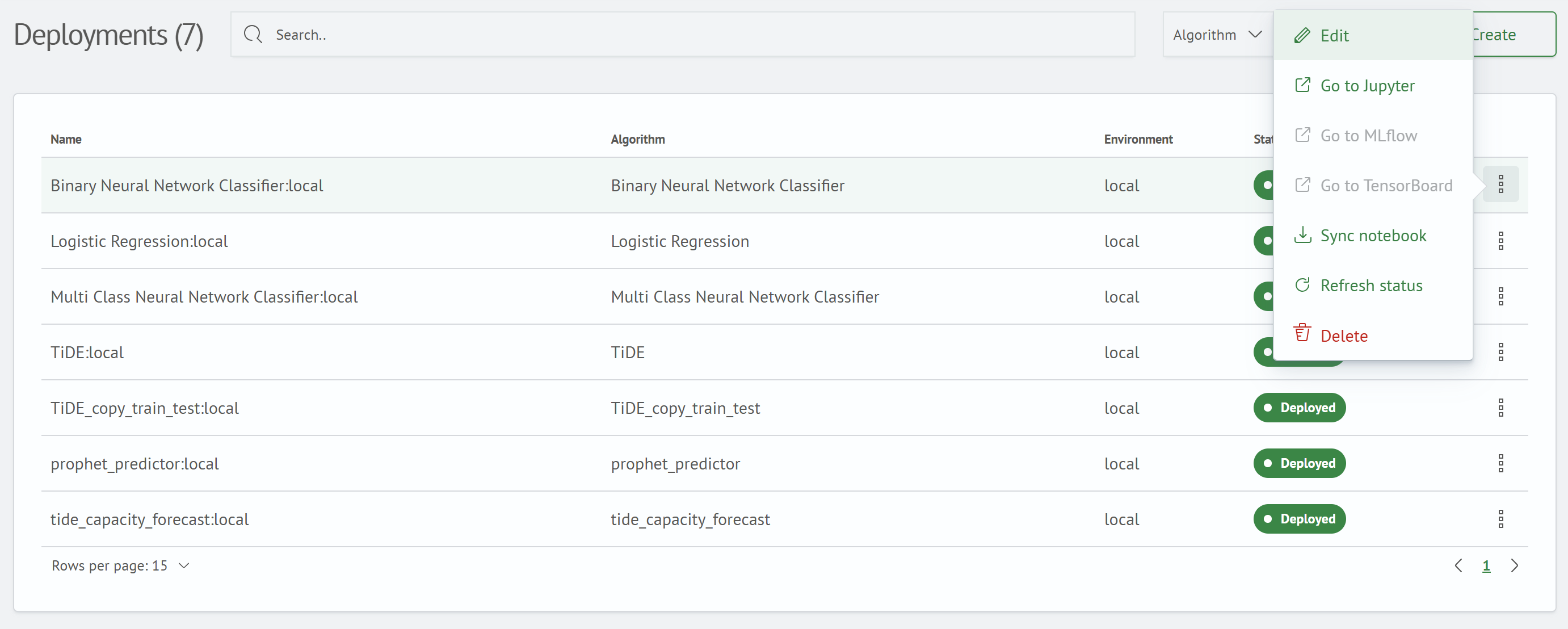 Deployed image actions menu