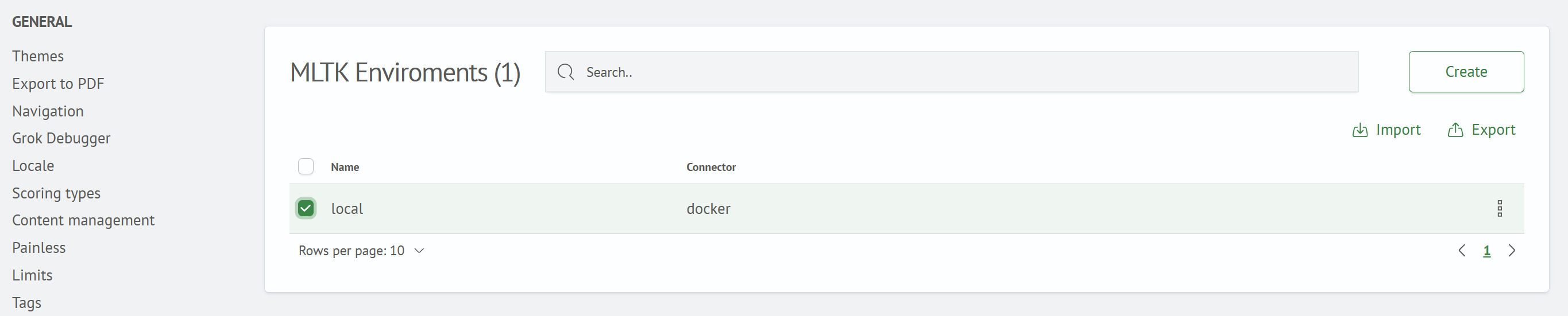 Selected environment and the Export button