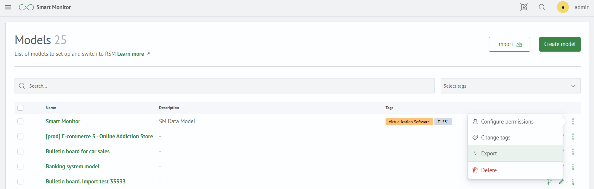 Model context menu with export item