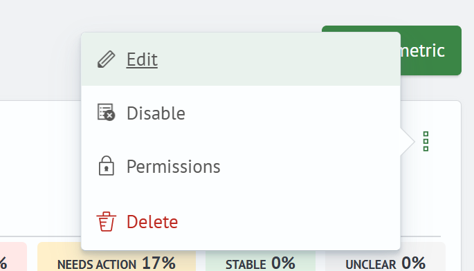 Metric actions menu