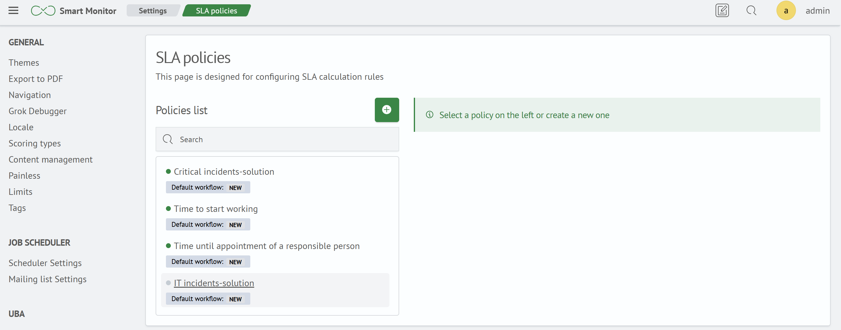 SLA policy settings page