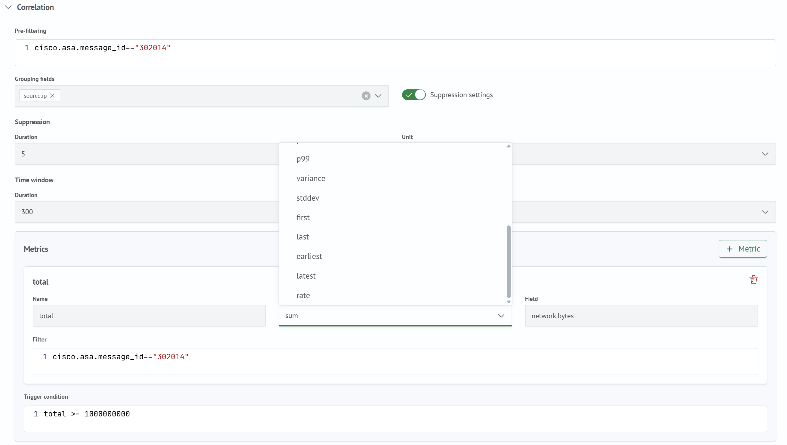 Aggregation metric functions