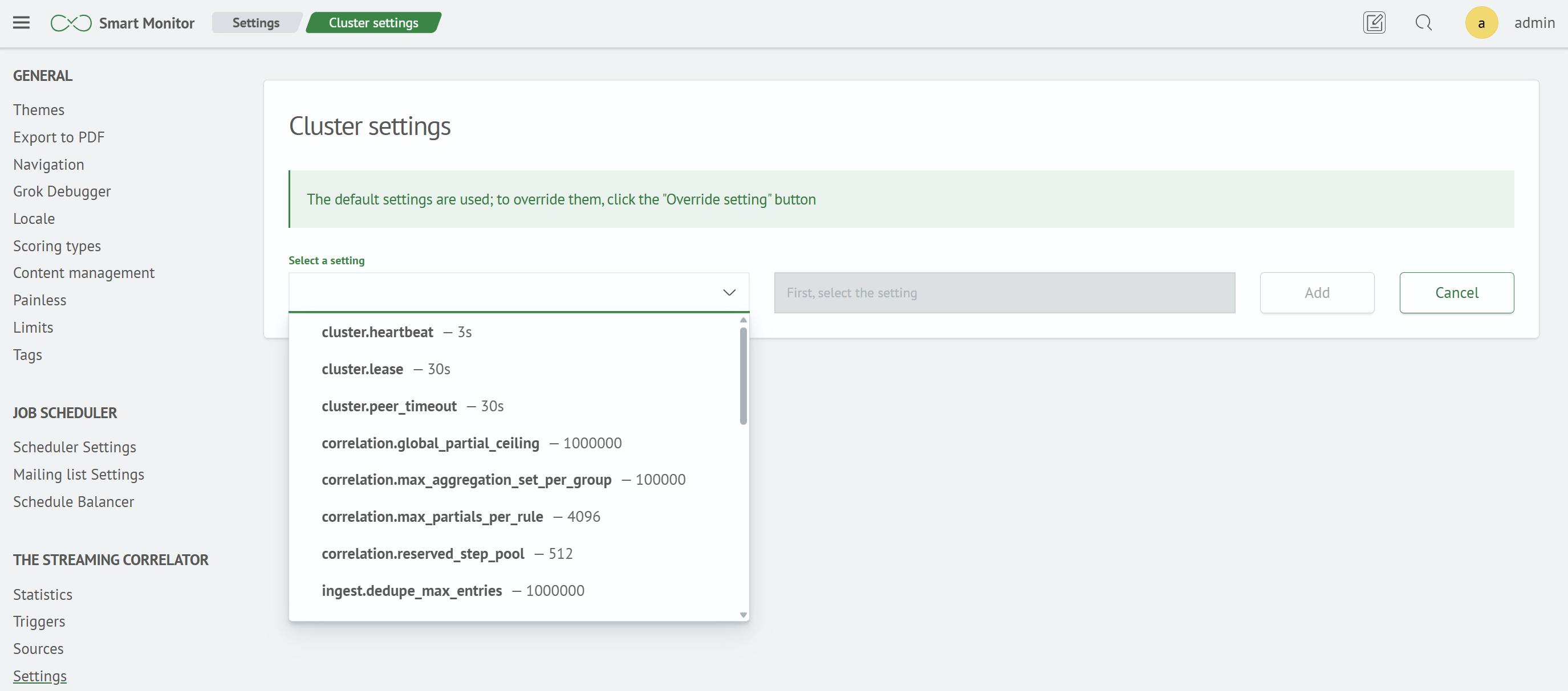 Overriding a cluster setting
